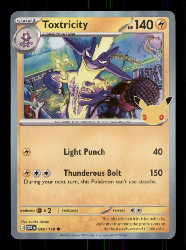 a90007f36ac04e81ac66127f9451624c.jpg Toxtricity 060/128 ME: 30th Celebration Holo TCG Pokemon LP