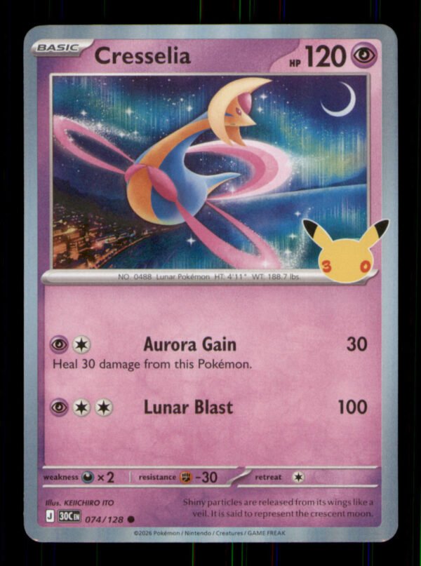 cefc52b4013c70be458a26d3691e94f4.jpg Cresselia 074/128 ME: 30th Celebration Holo TCG Pokemon LP