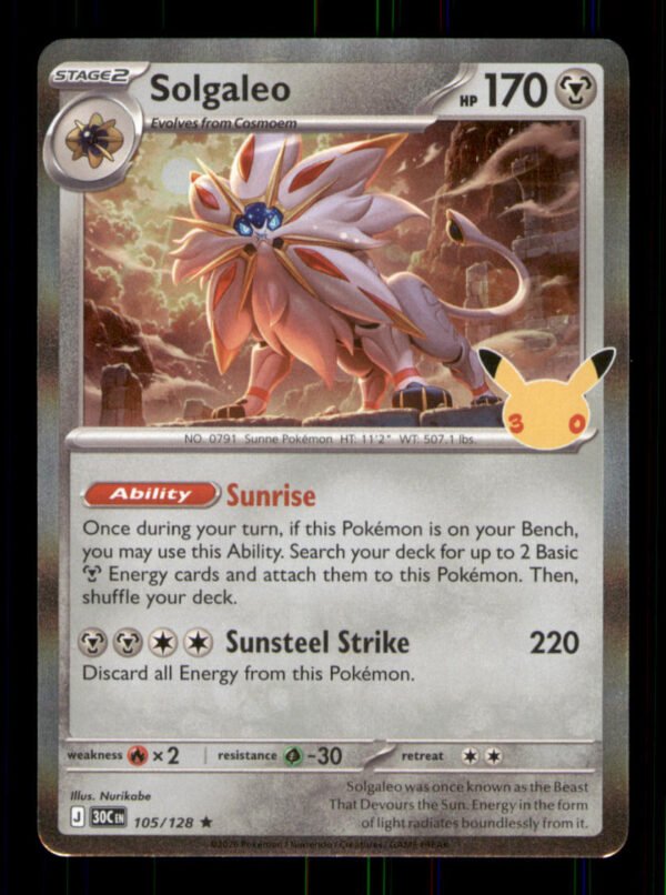 dd6ffb95d5be2b145f58f5588a34f203.jpg Solgaleo 105/128 ME: 30th Celebration Holo TCG Pokemon LP