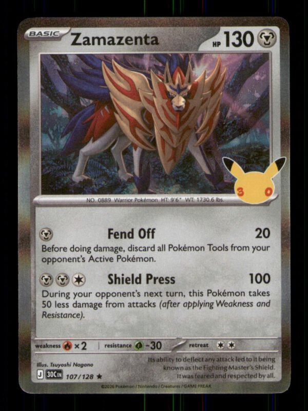 f1fdaf328c1bebc6eeacea0442632fa8.jpg Zamazenta 107/128 ME: 30th Celebration Holo TCG Pokemon LP