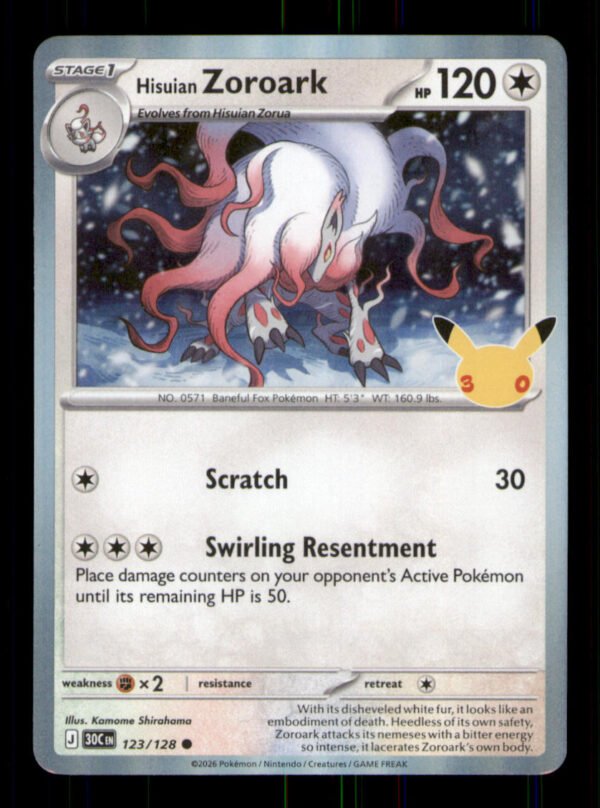 f757c5d571a30009e7f64d12b91e6ce6.jpg Hisuian Zoroark 123/128 ME: 30th Celebration Holo TCG Pokemon LP